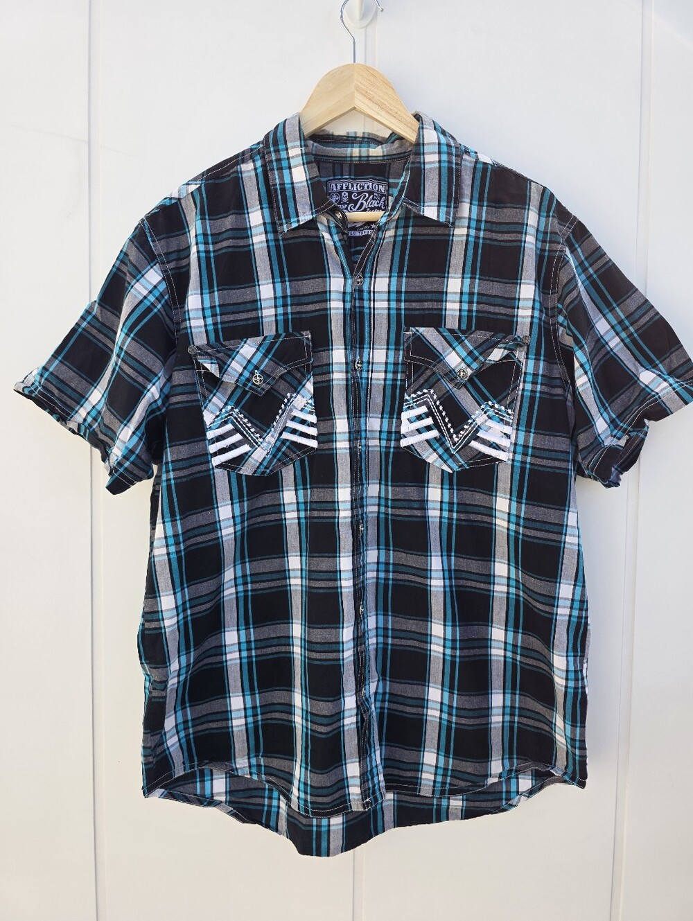 Affliction Black Premium  Button Up Plaid Embroidered Shirt Teal Black Large